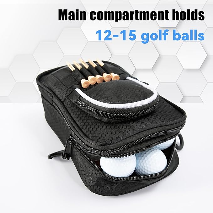 Golf Ball Bag Valuables Pouch,Golf Tee Bag Pouch Accessories with Detachable Carabiner Large Capacity Multiple Compartments can Store 12-15 Balls,Tees,Gloves,Mobile Phone and Keys,Black and White