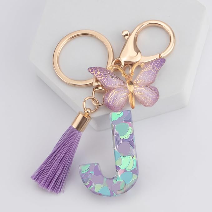 Suweibuke Colourful Cute Initial Letter Keychains for Women Girls with Tassel Butterfly, Charm for Purse Handbags Backpacks