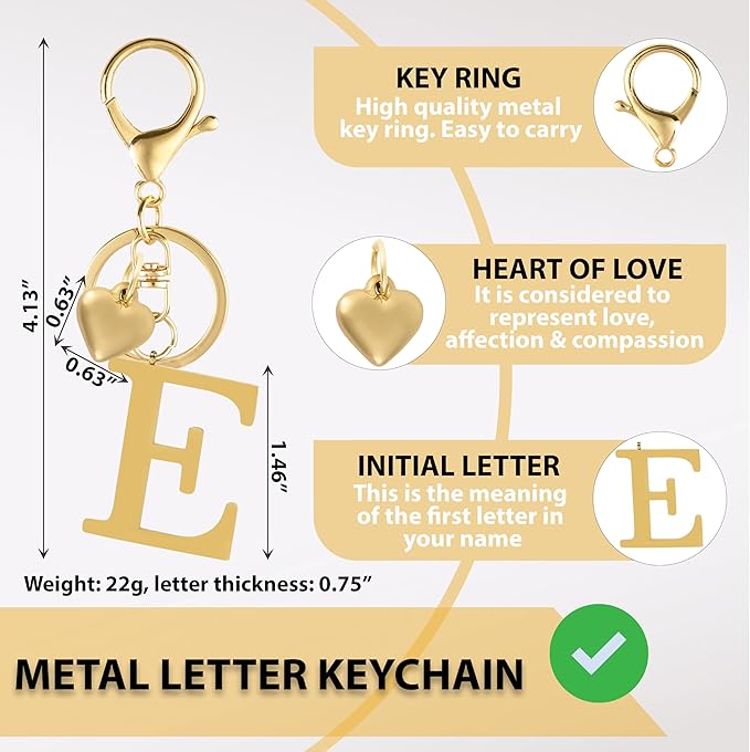 Metal Heart Alphabet Keychain for Women, Girls - Cute Initial Letter Accessories for Purse, Bag Charms and Backpack