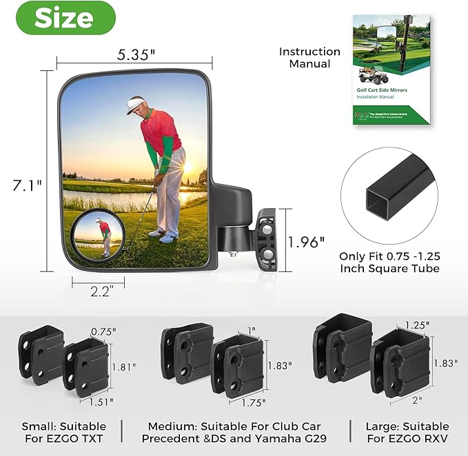 10L0L Golf Cart Mirror Universal for Yamaha, Club Car, EZGO, No Drilling Extra Large Side Rear View with Blind Spot Mirror Folding Adjustable 180 Degree