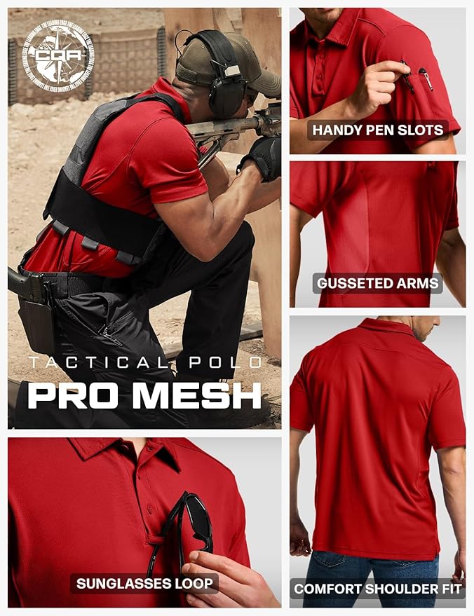 CQR Men's Polo Shirts, Tactical Short Sleeve Golf Performance Shirts, Lightweight Dry Fit UPF 50+ Pique