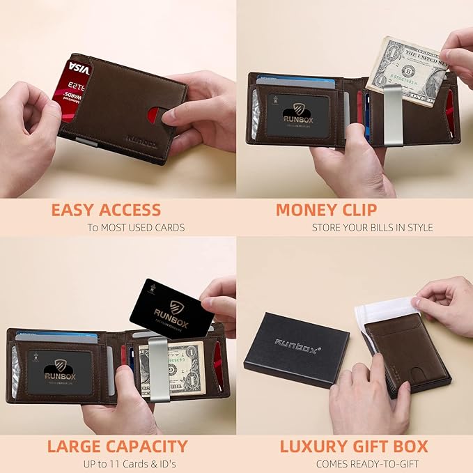 RUNBOX Money Clip Wallets for Men,Slim Leather Mens Bifold Wallet,RFID Blocking Front Pocket Wallet,Thin Credit Card Holder with Gift Box