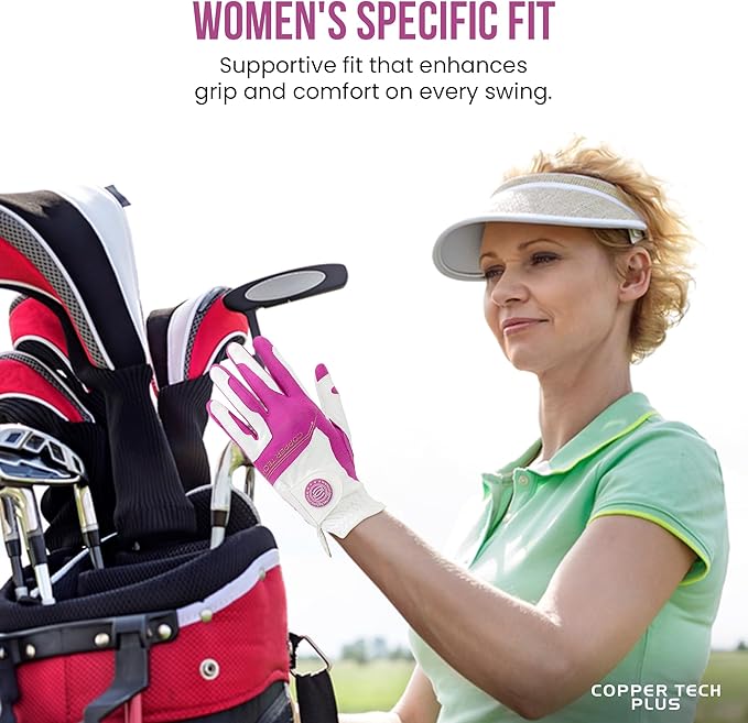 Women’s Golf Glove – White/Fuchsia – Copper Infused Compression for Arthritis Relief, Non-Slip Silicone Grip – USGA Approved, 1 Pack