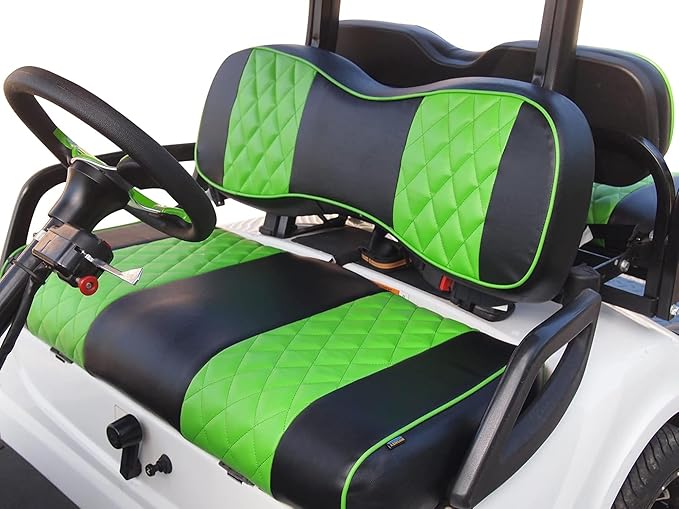Huskey Golf Cart Front Rear Seat Covers Compatible with Yamaha G29 Drive/Drive 2 2007-Up Models, Custom Fit, Black/Lime Green Diamond Stitching, Marine Grade Vinyl, Staple On