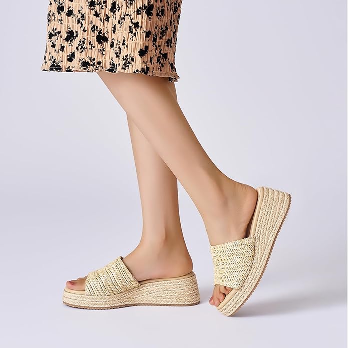 Platform Sandals Women Raffia Slip On Wedge Sandals,Comfortable Summer Wicker Espadrilles,Straw Beach Vacation Slides Shoes
