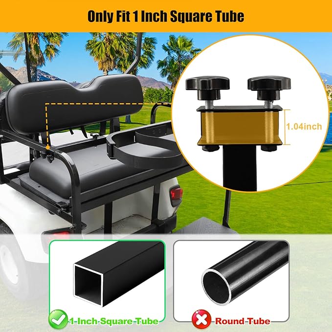 No Drilling Golf Cart Bag Holder Bracket for 2+2 Golf Cart Rear Seat with 1 Inch Square Tube, Universal Golf Bag Attachment Adjustable for EZGO Club Car Yamaha Golf Carts