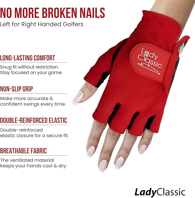Mesh Half Golf Glove for Women – Premium Cabretta Leather Palm, Breathable Mesh Back, Half-Finger Design Ladies Golf Glove for Enhanced Grip & Comfort