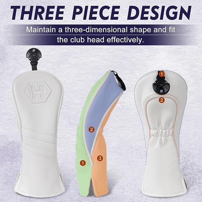 Golf Club Head Covers for Woods and Drivers, Premium PU Leather Striped Simple Golf Club Covers, Golf Headcovers Set All White, Customizable