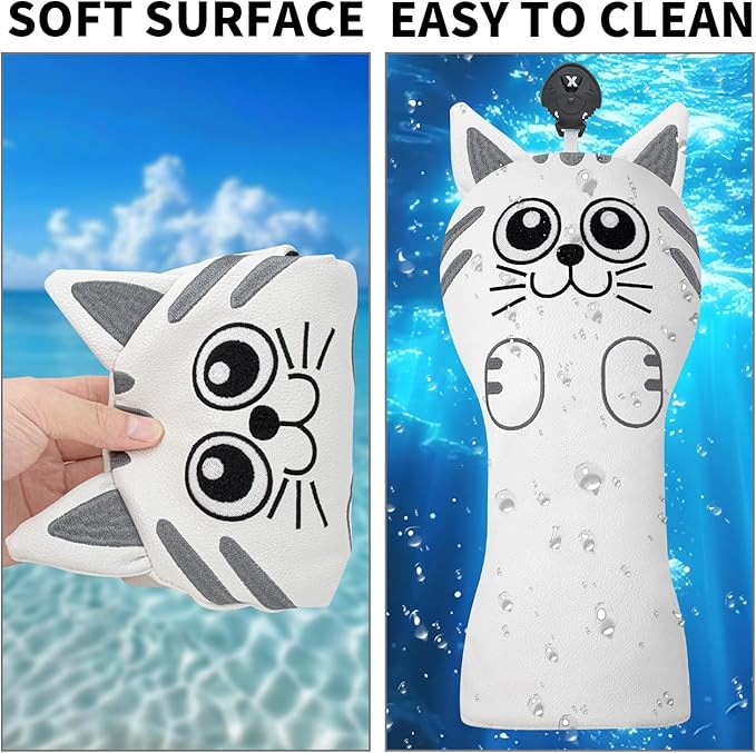 Golf Kitty Head Cover Golf Club White Leather Headcovers 1pc/4pcs Set Fits Driver Fairway Wood Hybrid Utility Putter Iron Wedge Headcover.