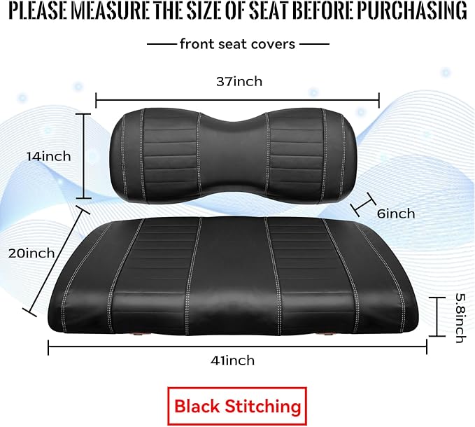Golf Cart Seat Covers fits Club Car Precedent/DS/EZGO RXV/TXT/Yamaha Front Rear Seat Cushion，Black Leather Custom Stripe Soft Comfortable/Anti-Scratch/Easy to Clean