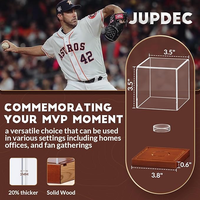 JupDec Baseball Display Case - Clear Cube Baseball Holder with Wooden Base, Autograph Stand Box for Single Ball, Acacia Wood, Brown, 1 Pack