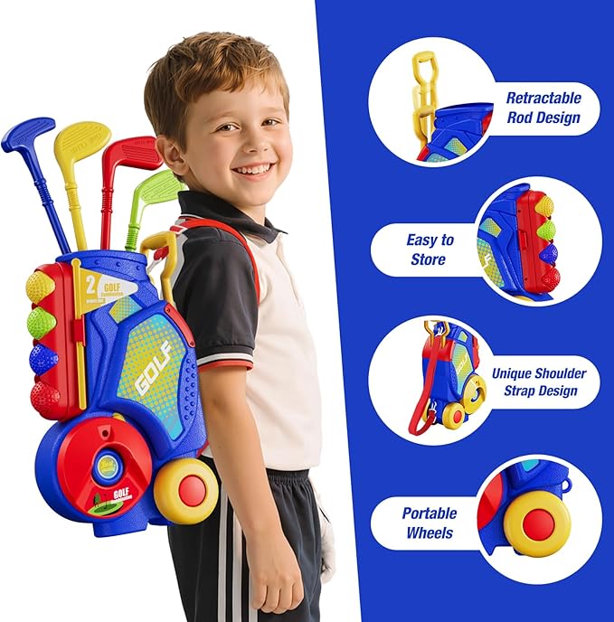3 in 1 Toddler Golf Set with Putting Mat & Sticky/Golf Game, Kids Golf Club with 8 Balls, 4 Plastic Clubs, Scoreboard, Indoor Outdoor Sport Toys with Golf Cart Gift for Boys Girls Aged 2-5, Blue