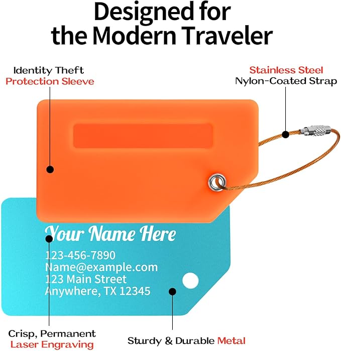 Personalized Luggage Tags for Suitcases, Custom Metal Luggage Tag for Bag with Silicone Sleeves, Durable Travel Tags, Laser Engrave Name Text, Gift for Travelers, 3.5x2 Inches (Orange)