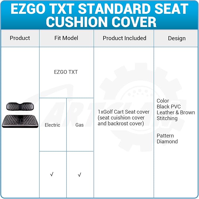 Golf Cart Seat Covers Suitable for EZGO TXT Standard Front Seat Cushion, EZGO Front Seat Covers Kit No Drilling & Waterproof (Black PVC Leather & Brown Stitching)