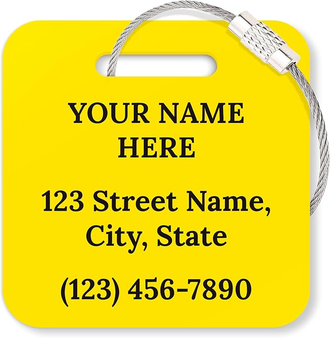 Custom Luggage Tags, Personalized Name Address for Suitcases,Backpack, Handbag, Travel Equipment Tag, 2x2 Inches, Acrylic Heavy Duty, Made in The USA by My Sign Center- Yellow
