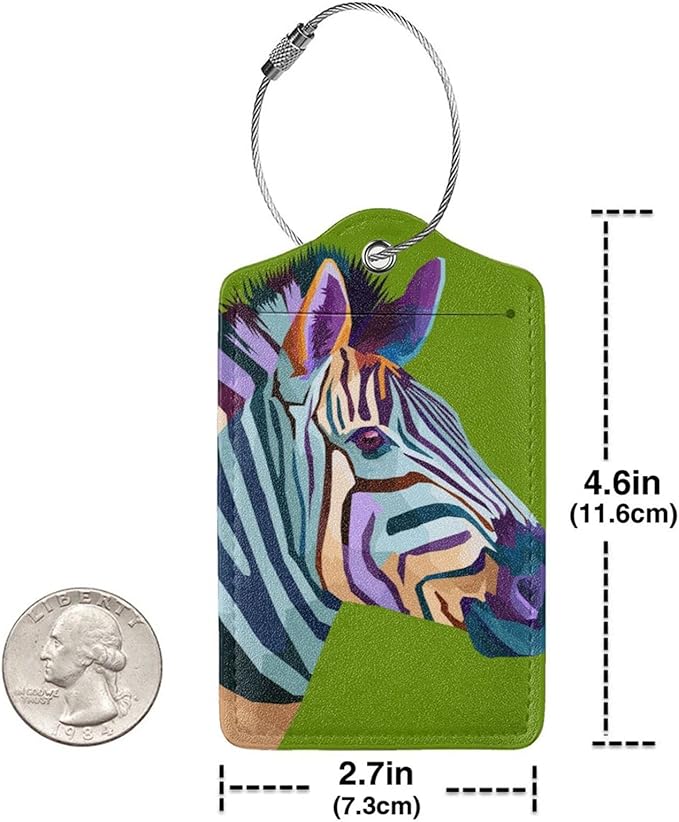 2pcs Zebra Luggage Tag for Suitcases Baggage, Colorful Airport Cruise Leahter Luggage Tag on Green Background and Full Back Privacy Cover for Travel Sports Teens Kids