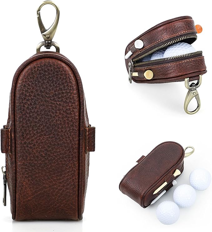 Top Grain Genuine Leather Golf Ball Pouch Holder, Vintage Design, Handmade No Logo, Portable and Holds Up to 3 Balls & 4 Tees, Golf Accessory Gift for Man & Woman