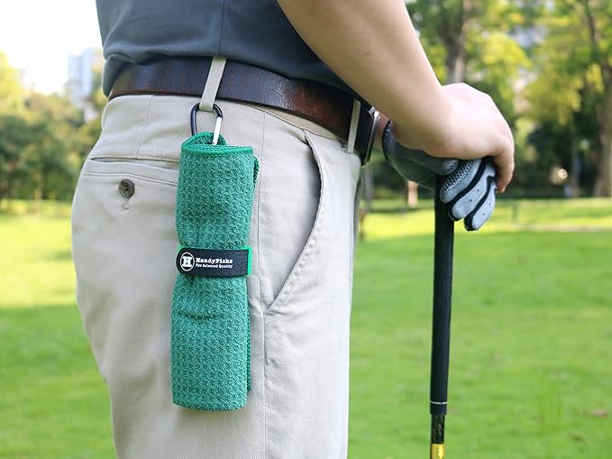 Handy Picks Microfiber Golf Towel (16" X 16") with Carabiner Clip, Waffle Pattern Golf Towel Hook and Loop Fastener - The Convenient Golf Cleaning Towel
