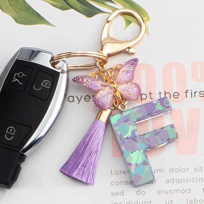 Suweibuke Colourful Cute Initial Letter Keychains for Women Girls with Tassel Butterfly, Charm for Purse Handbags Backpacks