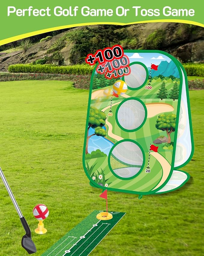 4-in-1 Kids Sticky Golf Games Set with Club, Golf Putting Practice Mat,3-Sided Golf Chipping Net, Multiple Game Modes, Golf Cornhole Board Set