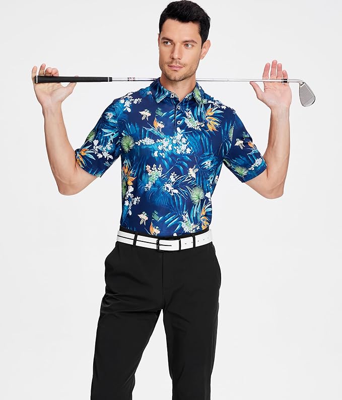 Esabel.C Golf Shirts for Men Dry Fit Performance Short Sleeve Print Moisture Wicking Collared Shirt