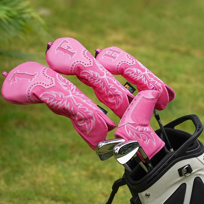 mytag Pink Golf Club Head Covers, Western Cowboy Retro Golf Headcovers with Patch & Embroidery Driver Fairway Wood Hybrids/Rescue Covers