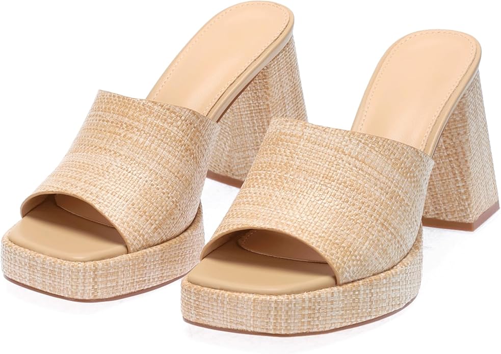 Monrovia Womens Sandals Heels for Women Slide On Block Chunky Platform High Heels Open Toe Raffia Wedge Sandals