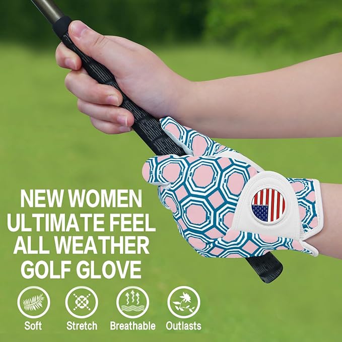 Amy Sport Womens Golf Glove with Ball Marker Rain Left Right Hand Leather Printed Pack, Ladies Golf Gloves All Weather Grip Breathable Soft Size Small Medium Large XL