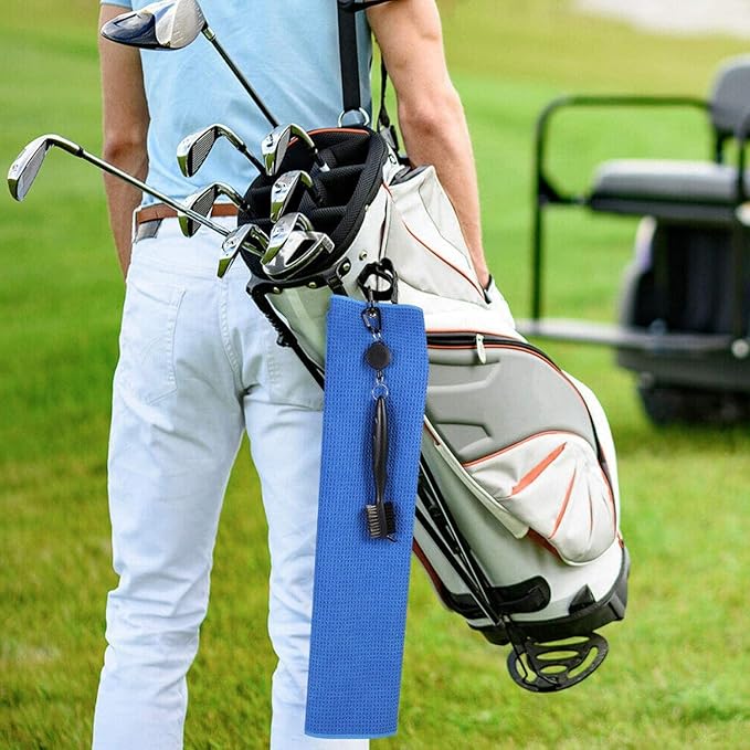 Golf Towels, Microfiber Waffle Pattern Tri-fold Golf Towel - Brush Tool Kit with Club Groove Cleaner, with Clip Men Women Golf Gifts (Blue Towel+Black Brush)