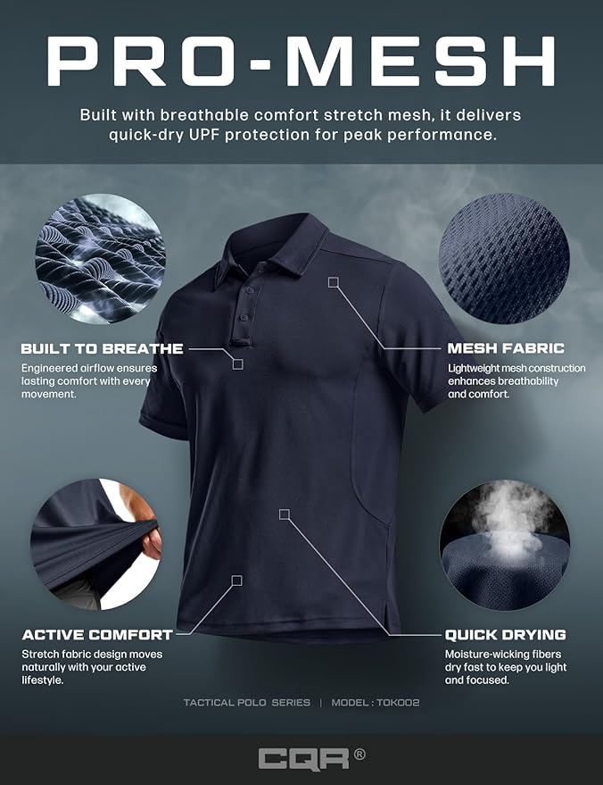 CQR Men's Polo Shirts, Tactical Short Sleeve Golf Performance Shirts, Lightweight Dry Fit UPF 50+ Pique