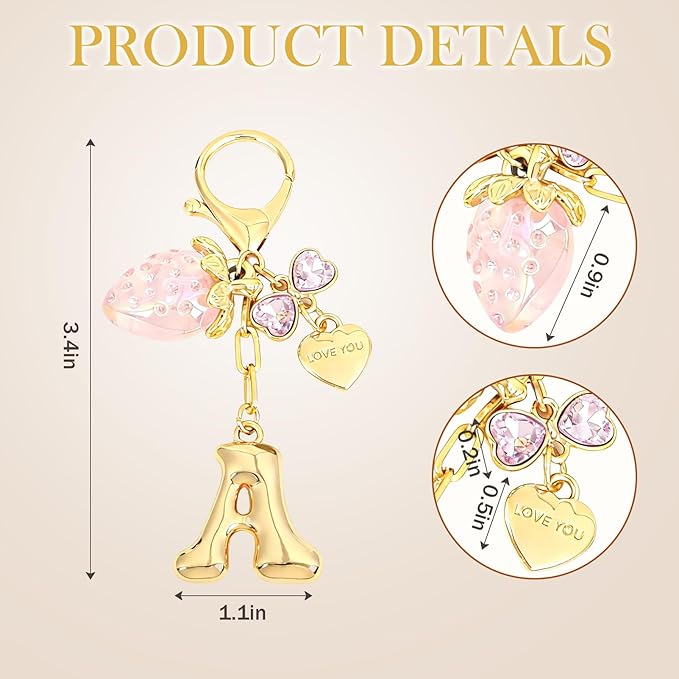 Snycler Bubble Initial Keychain with Strawberry & Bow- Gold Letter Bag Charms for Women, Cute Purse Handbag Accessories