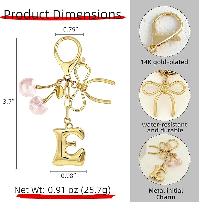 Gold Bubble Heart, Cherry, Bow & More Designs Letter Initial Keychain Bag Charms – Cute Purse Charms for Handbags