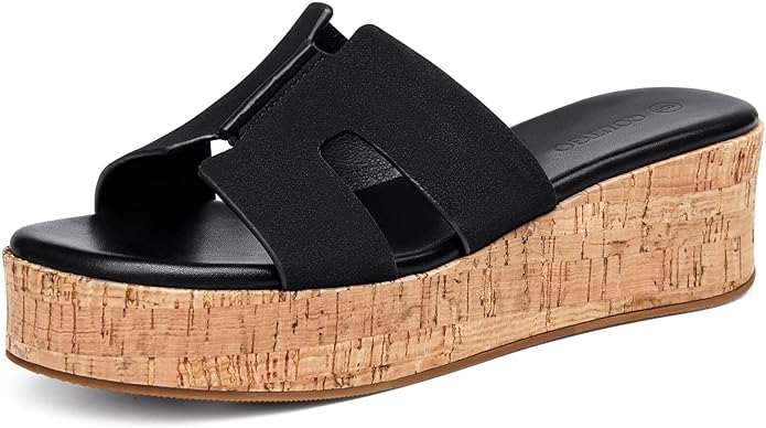 Coutgo Women's Platform Wedge Sandals Open Toe Slip On Slides Cork Heeled Cutout Comfortable Summer Shoes