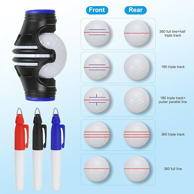 PATIKIL Golf Ball Marker Stencil 360 Degree Triple Track Golf Ball Alignment Marking Tool Line Drawing Marker with Marker Pens for Men Women
