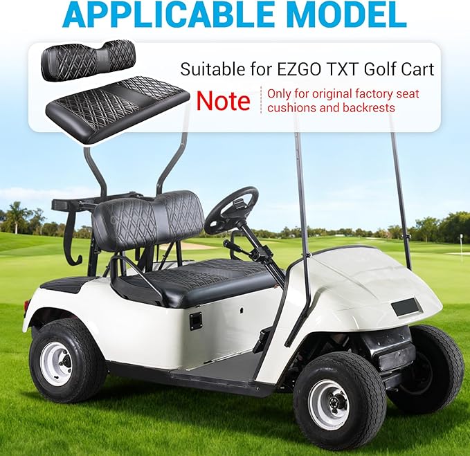 Golf Cart Seat Covers Suitable for EZGO TXT Standard Front Seat Cushion, EZGO Front Seat Covers Kit No Drilling & Waterproof (Black PVC Leather & Brown Stitching)