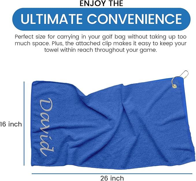 Personalized Passion Golf Towel with Embroidered Name - 16"x26" Custom Golf Towels with Clip - Soft & Highly Absorbent Plush Velour - Easily Wipes Away Sweat and Dirt - Gift for Golfers - Royal Blue.