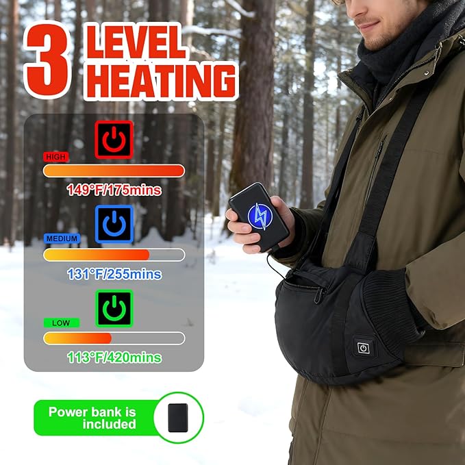 Heated Hand Warmers Pouch 10000mAh Electric Heated Hand Muff with 3-Level Heat Setting, Rechargeable Power Bank, Adjustable Strap, 2 Pocket for Football, Golf, Hunting, Camping(Includes Power Bank)