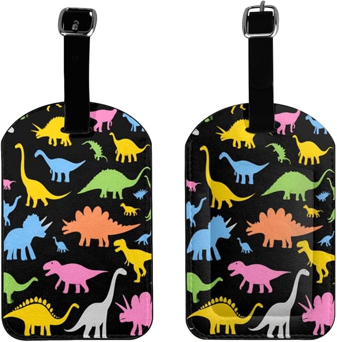 Cute Dinosaurs Luggage Tag for Suitcases,Colorful Dino PU Leather Baggage Tags Bag Tags Travel Id Label for Luggage Women Men -1 Piece