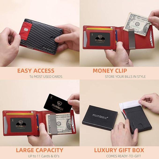 RUNBOX Money Clip Wallets for Men,Slim Leather Mens Bifold Wallet,RFID Blocking Front Pocket Wallet,Thin Credit Card Holder with Gift Box