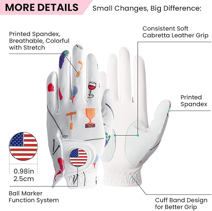 Amy Sport Womens Golf Glove with Ball Marker Rain Left Right Hand Leather Printed Pack, Ladies Golf Gloves All Weather Grip Breathable Soft Size Small Medium Large XL