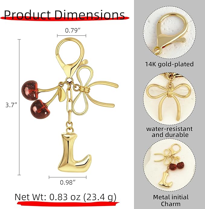 Gold Bubble Heart, Cherry, Bow & More Designs Letter Initial Keychain Bag Charms – Cute Purse Charms for Handbags