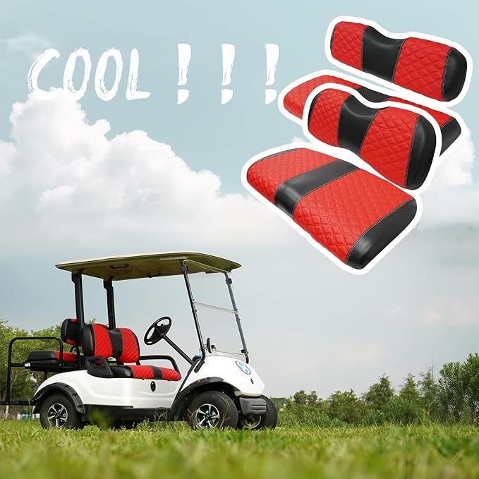 Golf Cart Front and Rear Seat Covers Waterproof and Sun Resistant Marine Grade Vinyl Leather Seat Cover Accessories for Yamaha Drive 2007-2016/Drive 2 2017+,Red(4PCS)