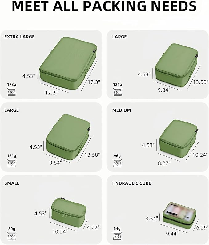 6 Set Compression Packing Cubes for Travel, Large Medium Small Luggage Organizers, Storage Bags for Clothes and Essentials (6 Pack, Forest Green)