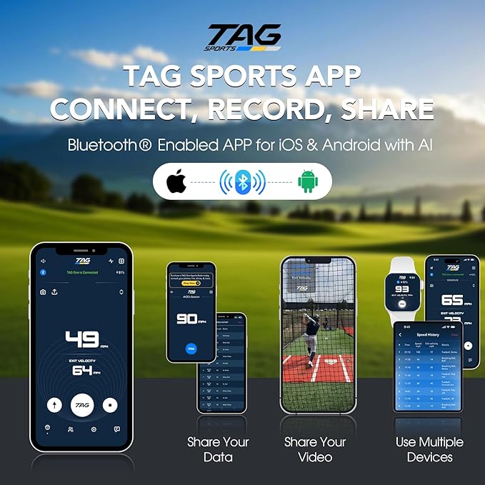 TAG ONE Sports Radar with 6 Hour Rechargeable Battery - Baseball, Softball & Golf Speed Radar Gun - Accurate Speed Tracker, Portable Pitch & Hit Training Tool, App Integration with AI Smart Coaching