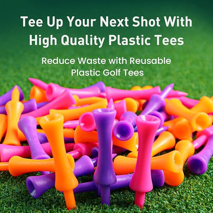 FINGER TEN Golf Castle Tees Plastic 2 1/4 Inch with Stopper for Consistent Height Value 50 Pack, Short Durable Tee for Par 3 Holes in Orange Purple Pink for Men Women