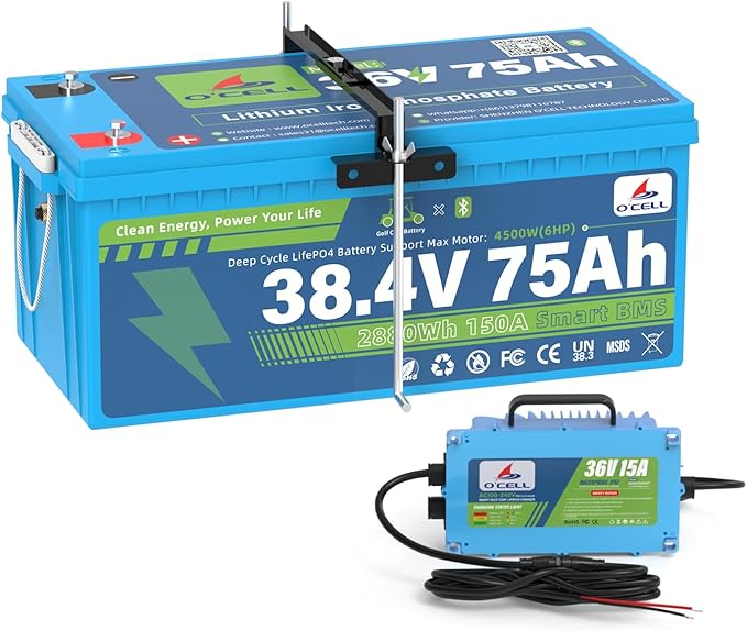 36V 75Ah LiFePO4 Battery with Mounting Bracket, 38.4V 2880Wh Lithium Bluetooth 200A BMS, 4.9'' LCD, 43.8V 15A IP67 Charger - 10-Year Lifespan Fit Golf Carts, Lawn mower, Trolling Motors (4500W Max)