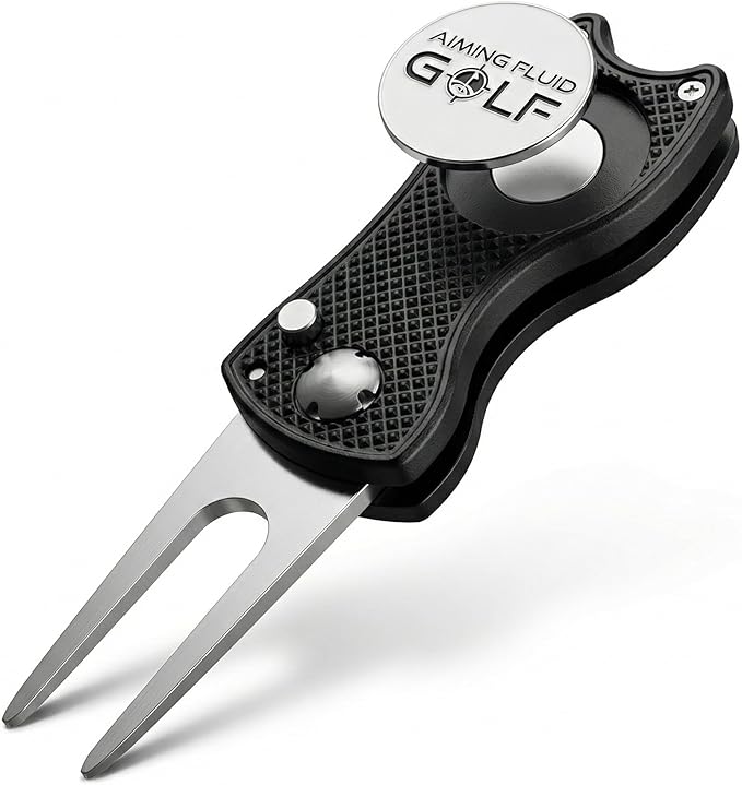 Golf Divot Repair Tool — 5-in-1 Golfing Ball Marker, Pitch Mark Repair, Putting Alignment, Club Tee, and Groove Cleaner, Accessory Metal Switchblade Design - Ideal Gift for Golfers
