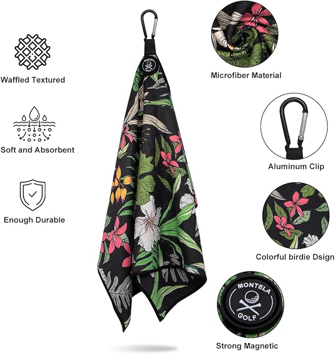 montela golf Towel Magnetic Golf Towel for Golf Bags with Clip for Men & Women，Microfiber Fabric Waffle Pattern Golf Towels for Strong Hold to Golf Carts or Clubs