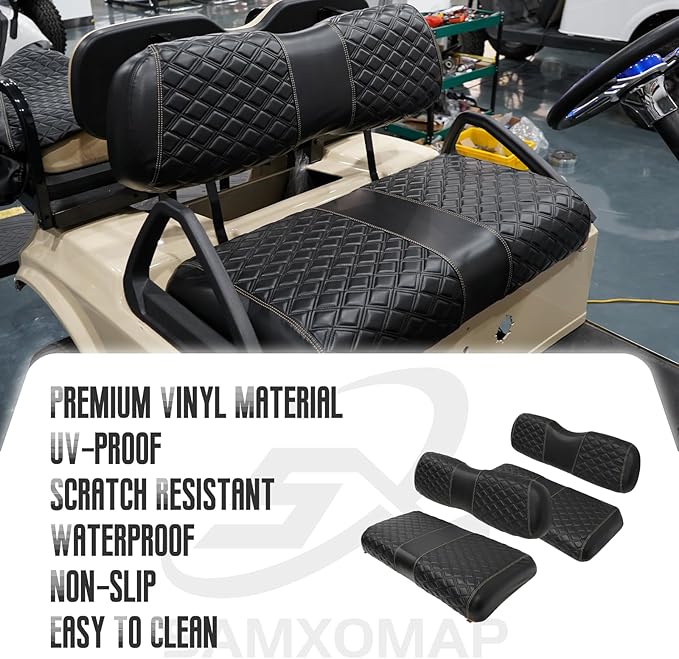 Golf Cart Seat Covers Front and Rear Waterproof and Sun Resistant Marine Grade Vinyl Leather Seat Cover Accessories for Club Car DS 2000.5-up, Black(4PCS)