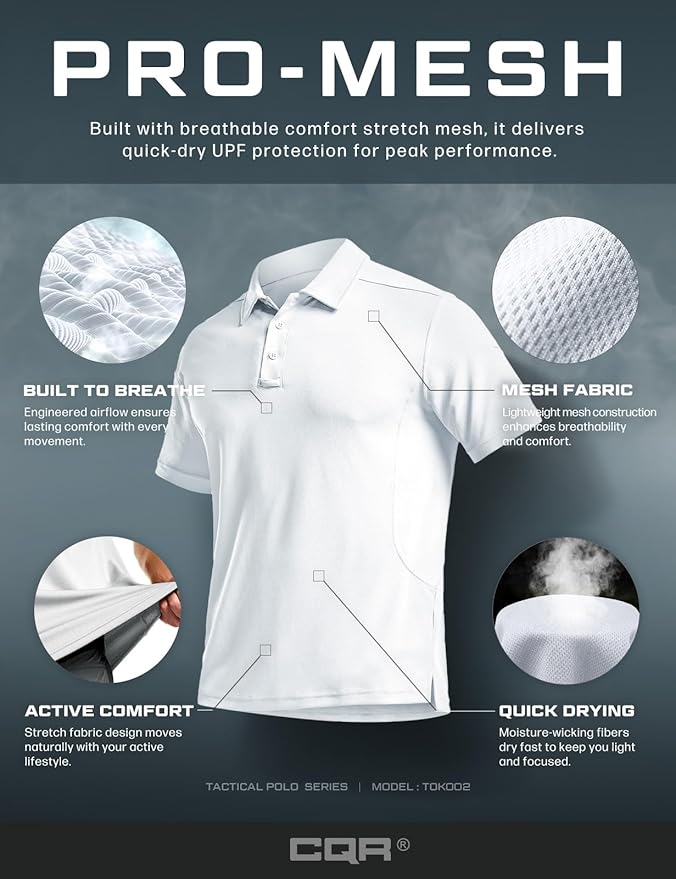 CQR Men's Polo Shirts, Tactical Short Sleeve Golf Performance Shirts, Lightweight Dry Fit UPF 50+ Pique